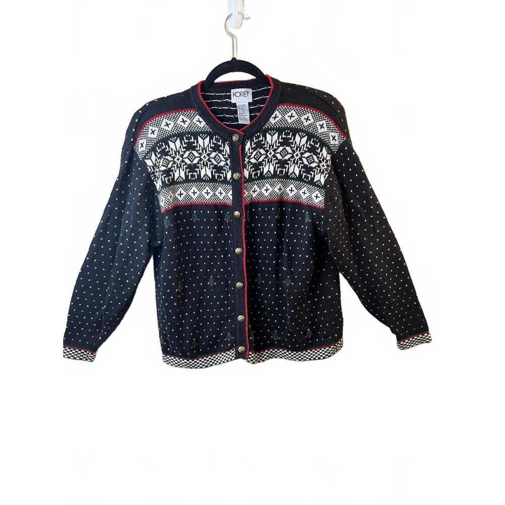 Vintage Koret Petites Black Wool Blend Nordic Christmas Cardigan Sweater Medium